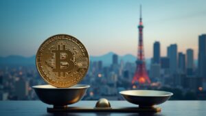 Plano detalle de una moneda cripto con el skyline de Tokio y una balanza que pesa activos frente a impuestos, señalando la reforma de Japón para 2026.