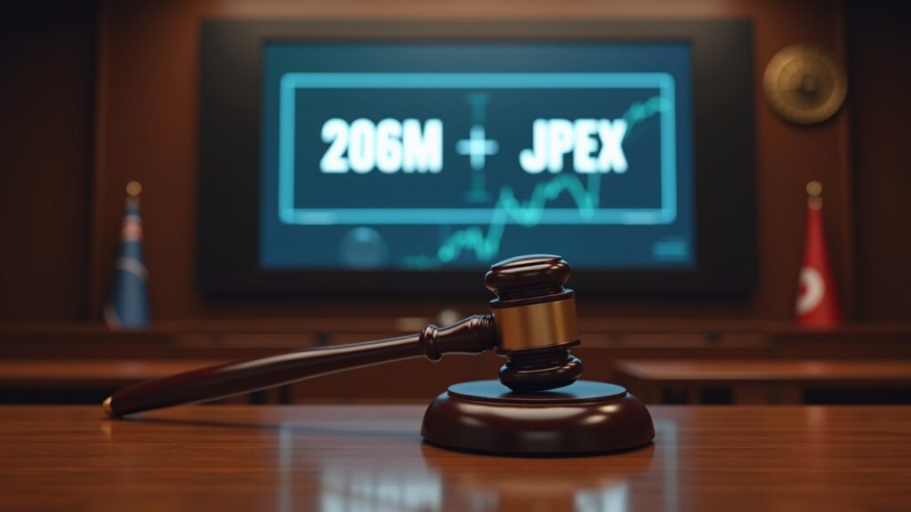Sala de audiencias fotorrealista con un mazo y una pantalla digital que muestra 206M JPEX sobre un fondo de Hong Kong.