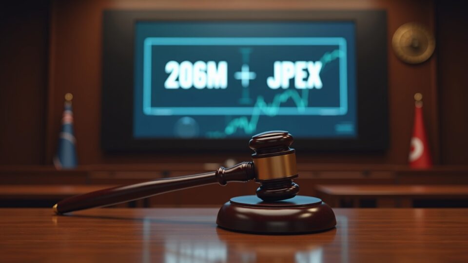 Sala de audiencias fotorrealista con un mazo y una pantalla digital que muestra 206M JPEX sobre un fondo de Hong Kong.