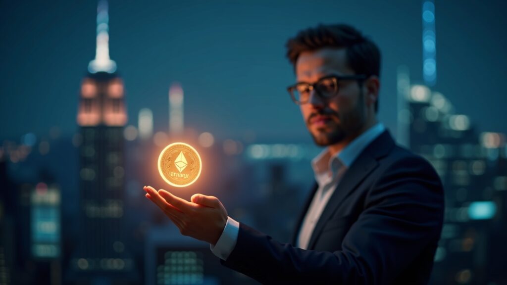 Ejecutivo de JPMorgan sosteniendo un token que simboliza un fondo de mercado monetario tokenizado en Ethereum, con el skyline de Wall Street y una superposición de blockchain.
