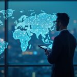 Operador con traje analiza gráficos de criptomonedas en una pared de cristal con la marca JPM, nodos blockchain y el horizonte de la ciudad.