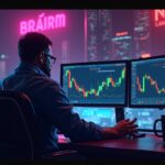 Escena fotorrealista de un trader de alta frecuencia en un escritorio iluminado con neón, monedas Terra desanclándose con un mazo amenazante en el fondo.