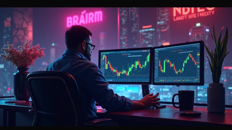 Escena fotorrealista de un trader de alta frecuencia en un escritorio iluminado con neón, monedas Terra desanclándose con un mazo amenazante en el fondo.