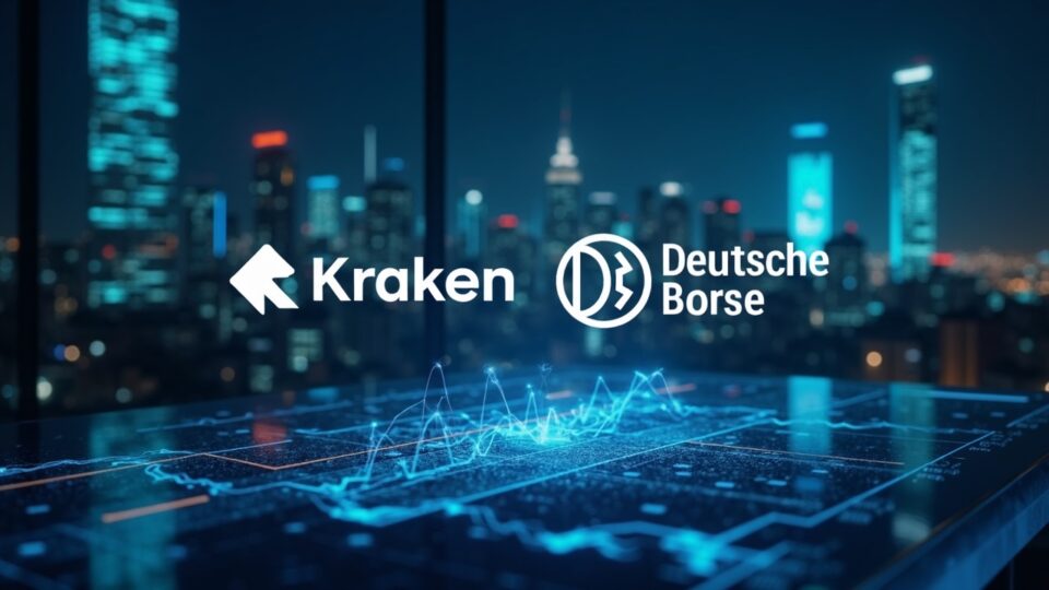 Logotipos de Kraken y Deutsche Börse fusionándose sobre un elegante escritorio de negociación con gráficos holográficos de criptomonedas y un horizonte europeo.