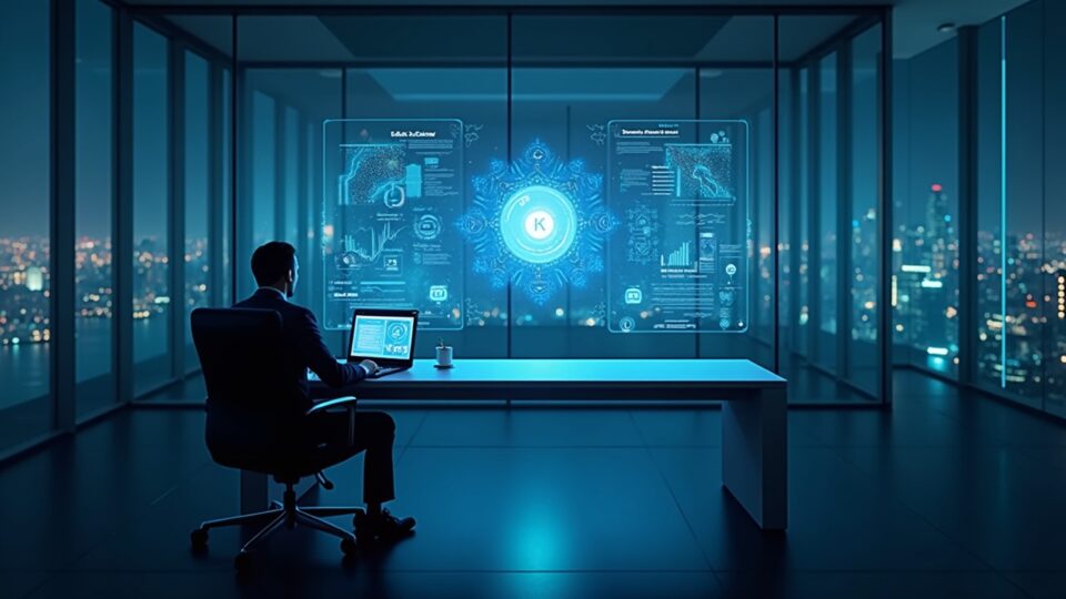 Ejecutivo cripto fotorrealista en una oficina de vidrio, recibiendo una invitación VIP de Kraken con paneles holográficos.