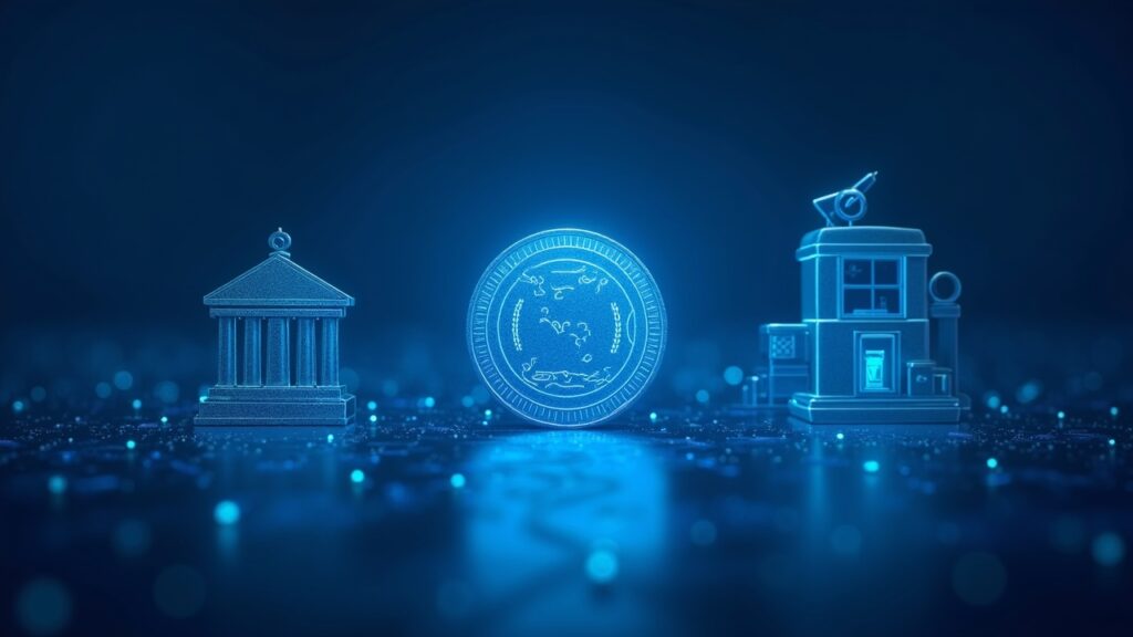 Escena fotorrealista de un banco frente a un centro fintech con un token central de stablecoin en KRW y un temporizador de cuenta regresiva.