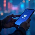 Escena fotorrealista de Tomorrowland con un usuario tocando la app de monedero de KuCoin, vías cripto brillantes a lo largo de Europa y una insignia MiCA.