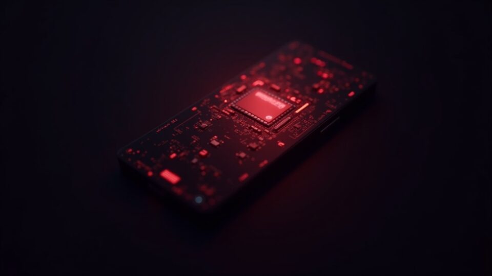 Chip de teléfono inteligente fotorrealista brillando en rojo con fragmentos de escudo digital y una silueta de Ledger en una sala de prensa oscura.
