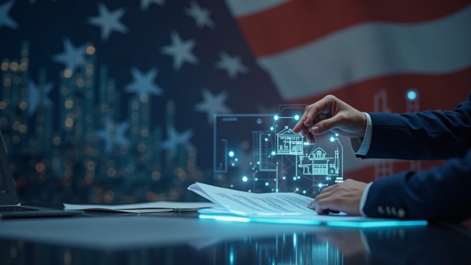 Escena fotorrealista: un asistente del Congreso revisa documentos fiscales sobre staking junto a una cadena de bloques holográfica, con una bandera de EE. UU. desenfocada.