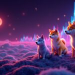 Encabezado cripto fotorrealista con Dogecoin, Shiba Inu y Bonk sobre un horizonte de mercado neón con gráficos en alza.