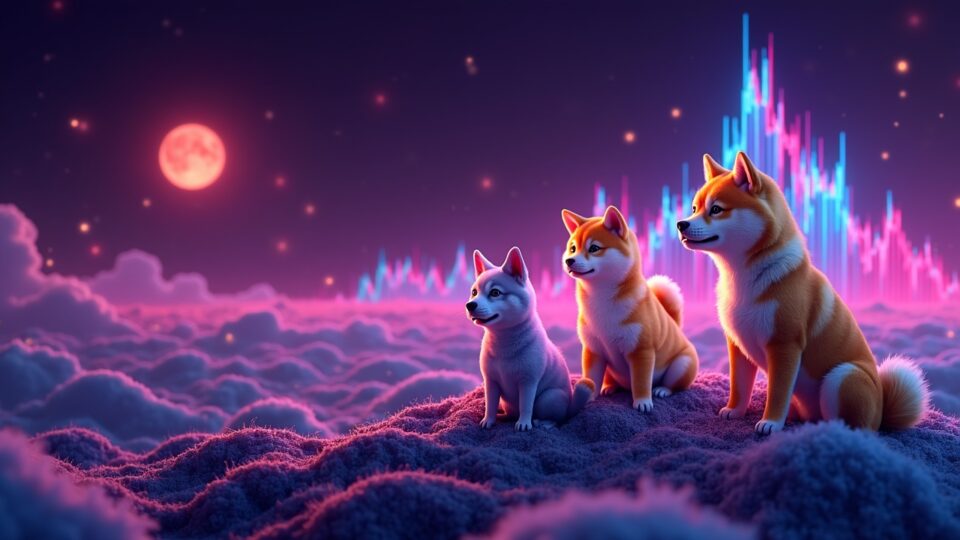 Encabezado cripto fotorrealista con Dogecoin, Shiba Inu y Bonk sobre un horizonte de mercado neón con gráficos en alza.