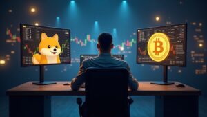 Trader fotorrealista en un escritorio elegante con pantallas: a la izquierda muestra Dogecoin y Shiba Inu desinflándose, a la derecha muestra a Bitcoin subiendo.