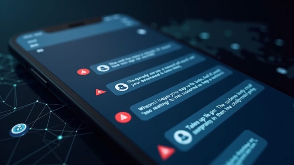 Pantalla de teléfono con chats de Telegram, iconos de advertencia rojos, siluetas de intercambio de rostros por IA y logotipos de USDT sobre una red oscura.