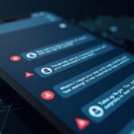Pantalla de teléfono con chats de Telegram, iconos de advertencia rojos, siluetas de intercambio de rostros por IA y logotipos de USDT sobre una red oscura.