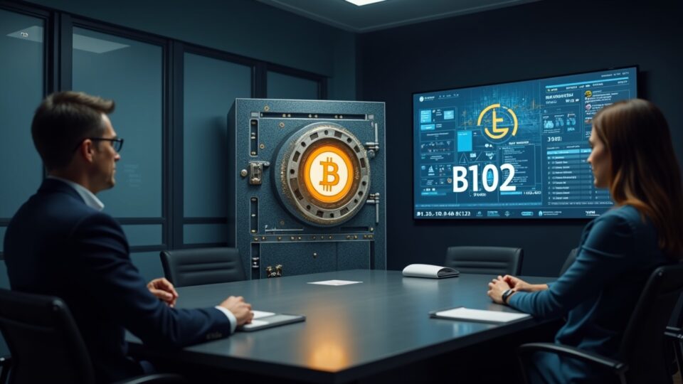 Sala de juntas fotorrealista con un líder, una bóveda holográfica de Bitcoin y una pantalla que muestra 35,102 BTC