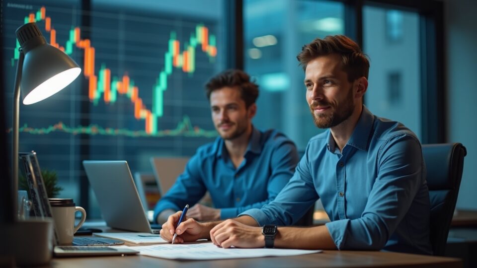 Escena de oficina fotorrealista: ejecutivo en el escritorio con libro mayor en USD e íconos de Bitcoin, que ilustra una captación de capital con prioridad en la liquidez.