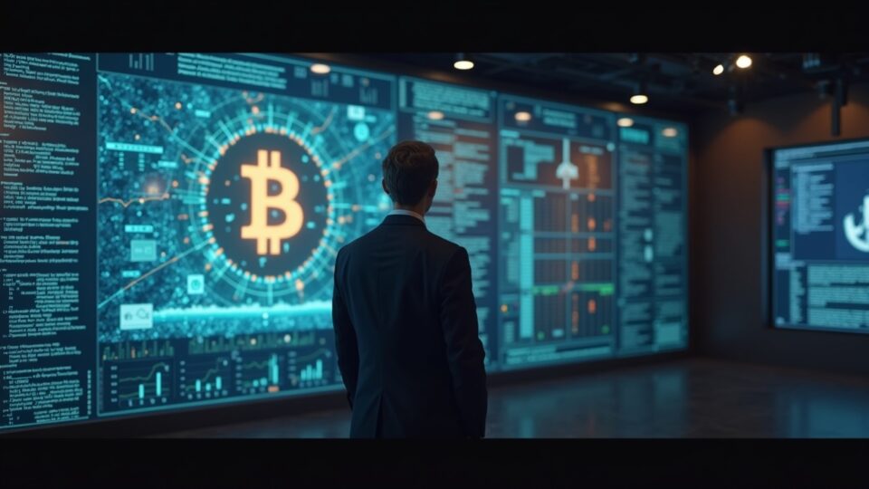 CEO junto a un muro de efectivo brillante y un holograma de Bitcoin en una elegante sala de redacción cripto, destacando una reserva de liquidez de $1.44B.