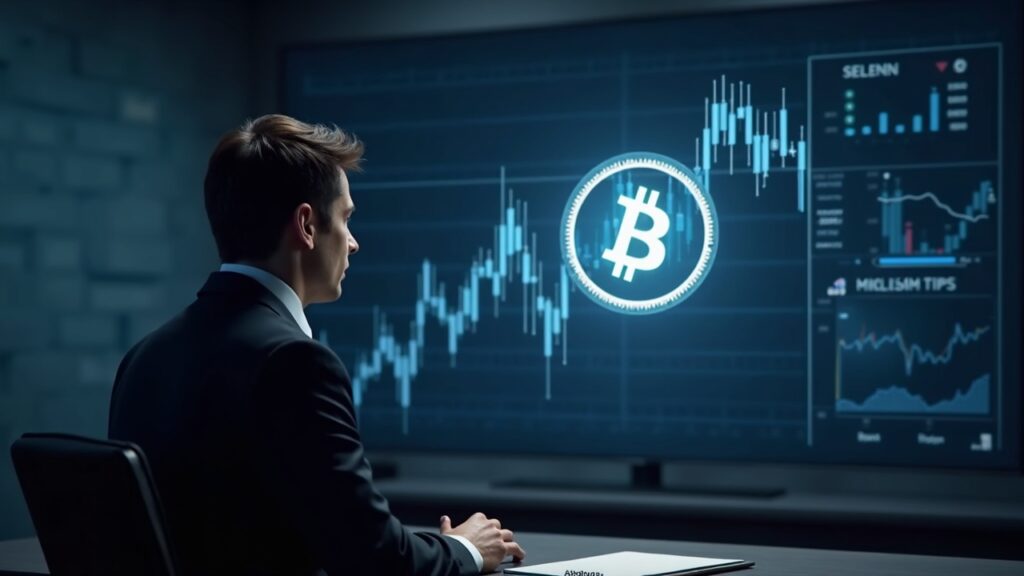 Redacción fotorrealista: ejecutivo frente a un emblema de Bitcoin y un gráfico bursátil en alza, destacando el debate sobre índices de tesorería cripto.