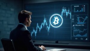 Redacción fotorrealista: ejecutivo frente a un emblema de Bitcoin y un gráfico bursátil en alza, destacando el debate sobre índices de tesorería cripto.