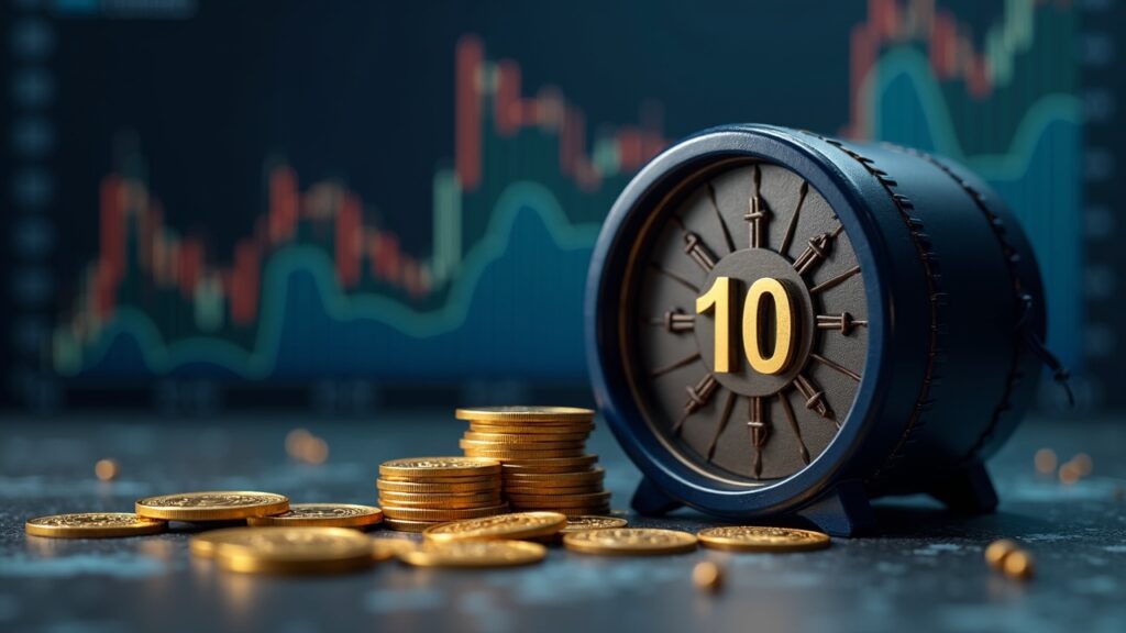 Escena realista: cupón 10% de MicroStrategy STRD, bóveda de reserva de efectivo y gráfico del precio de bitcoin en el fondo.