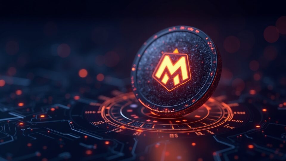 Escena cripto futurista con brillo de MON, emblema de Bitget, flujos de datos y una interfaz de trading de alto rendimiento.