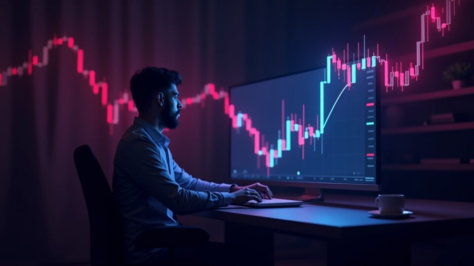 Fotorrealista operador de criptomonedas en un escritorio revisa un gráfico de precios neón con hombro-cabeza-hombro invertido y un inminente apriete de $50M.