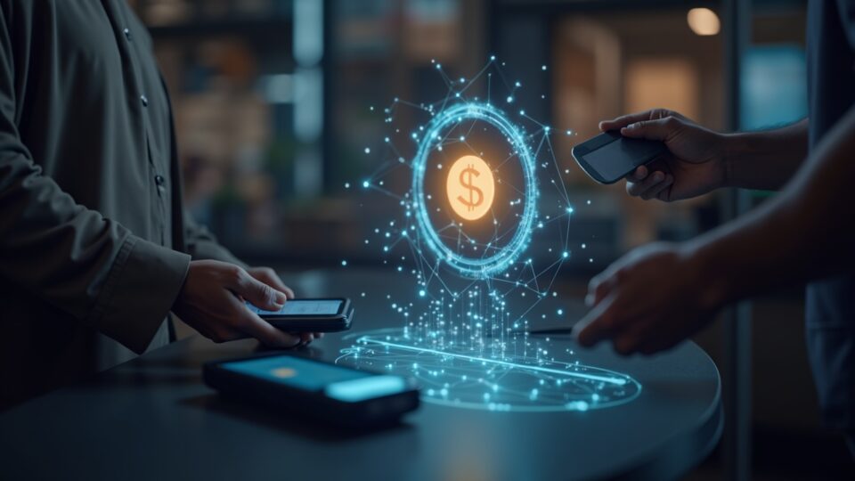 Proceso de pago fotorrealista con una moneda estable holográfica fluyendo desde una billetera digital hacia la infraestructura de pagos.