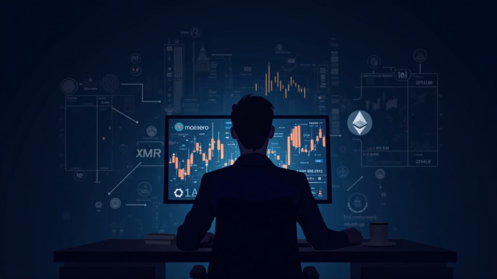 Analista fotorrealista en su escritorio con gráficos cripto en alza, logotipos de Monero XMR y Midnight NIGHT, icono de Ethereum en el horizonte y cuadrícula de blockchain.