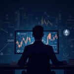 Analista fotorrealista en su escritorio con gráficos cripto en alza, logotipos de Monero XMR y Midnight NIGHT, icono de Ethereum en el horizonte y cuadrícula de blockchain.