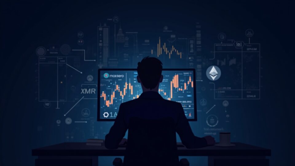 Analista fotorrealista en su escritorio con gráficos cripto en alza, logotipos de Monero XMR y Midnight NIGHT, icono de Ethereum en el horizonte y cuadrícula de blockchain.