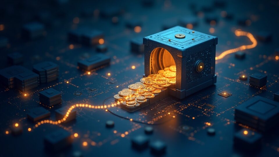 Encabezado fotorrealista: bóveda digital con activos tokenizados fluyendo y convergiendo en un libro mayor basado en NAV para liquidación rápida.