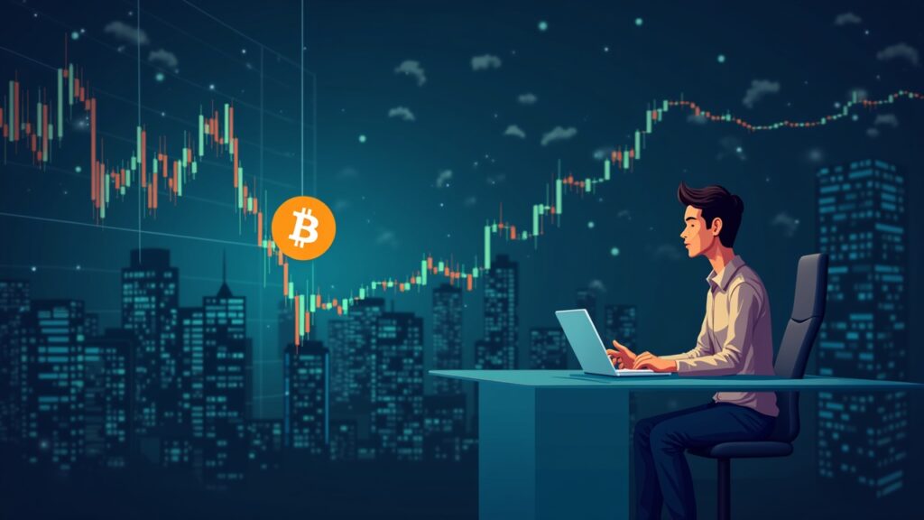 Escena fotorrealista de una persona de negocios en un escritorio de cristal, símbolo de Bitcoin, horizonte de Nasdaq y gráficos bursátiles volátiles.
