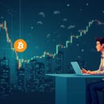 Escena fotorrealista de una persona de negocios en un escritorio de cristal, símbolo de Bitcoin, horizonte de Nasdaq y gráficos bursátiles volátiles.