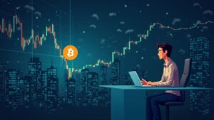 Escena fotorrealista de una persona de negocios en un escritorio de cristal, símbolo de Bitcoin, horizonte de Nasdaq y gráficos bursátiles volátiles.
