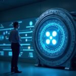 Bóveda bancaria federal futurista con un estatuto holográfico que enlaza los logotipos de Circle, Ripple, Paxos y Fidelity, y una blockchain luminosa.