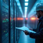 Centro de datos fotorrealista en Ohio al anochecer: pasillos de vidrio, fibra luminosa, un ingeniero revisa planes de alojamiento de IA e infraestructura cripto.