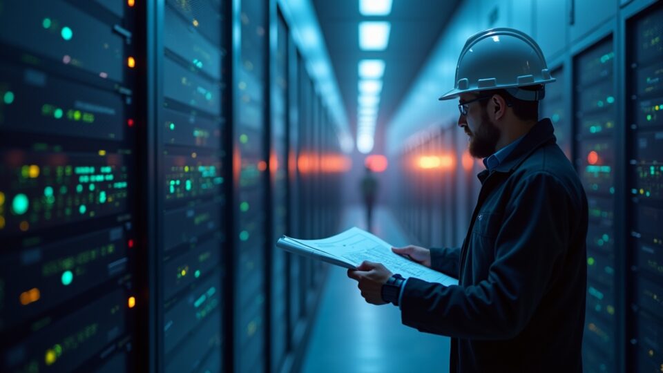 Centro de datos fotorrealista en Ohio al anochecer: pasillos de vidrio, fibra luminosa, un ingeniero revisa planes de alojamiento de IA e infraestructura cripto.