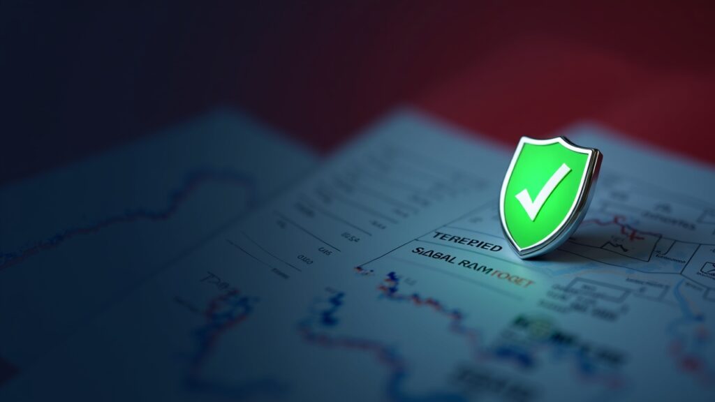 Tablero de negociación cripto fotorrealista con una insignia verde de verificación, la bandera de Indonesia y el logo de OJK.