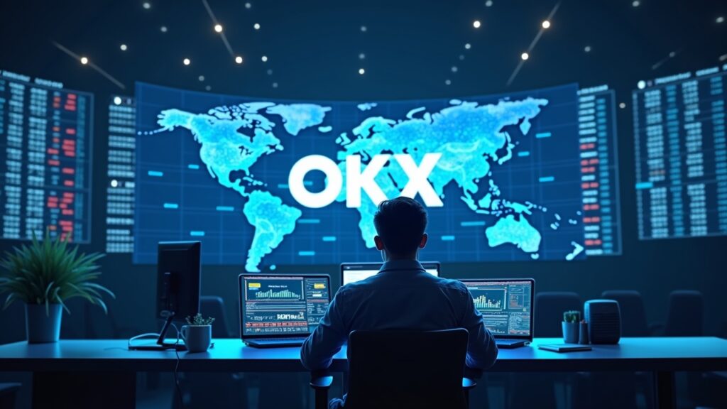 Mesa de trading fotorrealista con trader central, pantallas holográficas de mercados de EE. UU. y UE, logotipo de OKX y una cuadrícula regulatoria global.