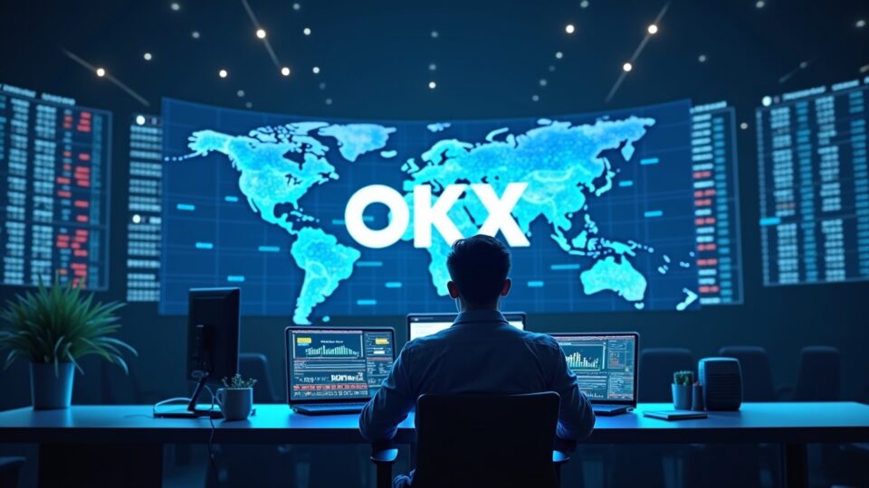 Mesa de trading fotorrealista con trader central, pantallas holográficas de mercados de EE. UU. y UE, logotipo de OKX y una cuadrícula regulatoria global.