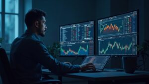 Escena de oficina fotorrealista: operador junto a paneles de control de ETFs cripto que muestran salidas de Bitcoin y Ethereum y flechas rojas.