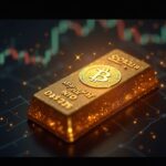 Encabezado fotorrealista que muestra una barra de oro transformándose en un emblema de Bitcoin luminoso sobre un elegante fondo digital de mercado.