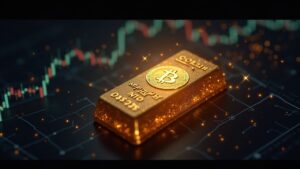 Encabezado fotorrealista que muestra una barra de oro transformándose en un emblema de Bitcoin luminoso sobre un elegante fondo digital de mercado.