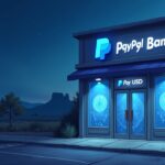 Fachada fotorrealista de PayPal Bank con el emblema PYUSD, bóvedas y la silueta de Utah.