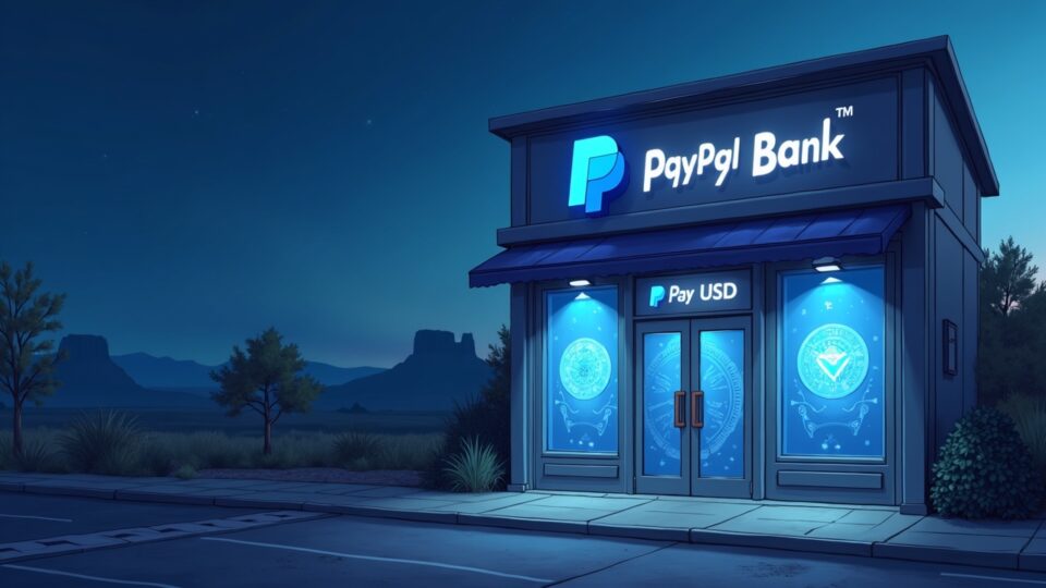 Fachada fotorrealista de PayPal Bank con el emblema PYUSD, bóvedas y la silueta de Utah.