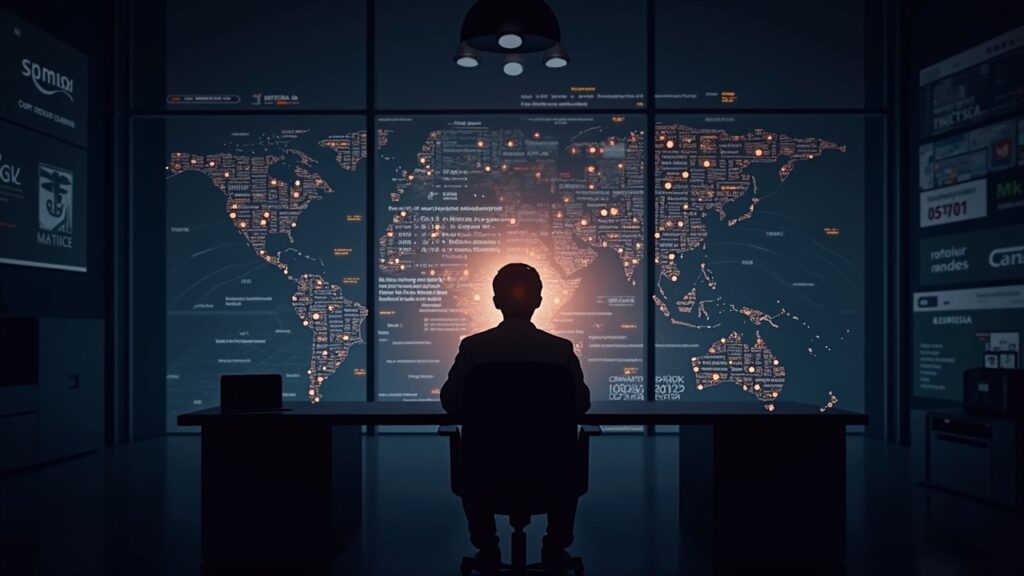 Escena de sala de redacción con la silueta de una billetera cripto, flujos de direcciones brillan al 30%, gráficos y un calendario insinúan una venta de $2M.