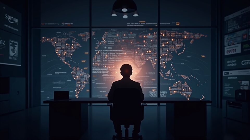 Escena de sala de redacción con la silueta de una billetera cripto, flujos de direcciones brillan al 30%, gráficos y un calendario insinúan una venta de $2M.