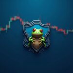 Emblema fotorrealista de la rana Pepe sobre un gráfico de precios de criptomonedas, mostrando una línea de soporte defensiva y un RSI alrededor de 36 sobre un fondo de sala de redacción azul