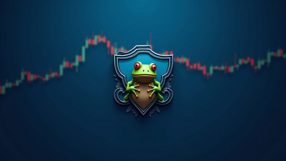 Emblema fotorrealista de la rana Pepe sobre un gráfico de precios de criptomonedas, mostrando una línea de soporte defensiva y un RSI alrededor de 36 sobre un fondo de sala de redacción azul