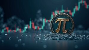 Photorealistic Pi-like crypto token hits a glass ceiling labeled 0.21 with a liquidity chart in the background.